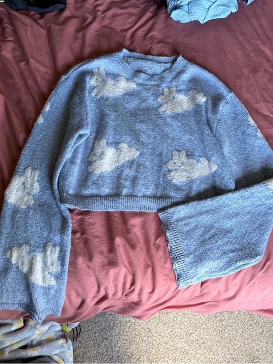Cider Sweaters - Bunny Cloud Pattern Cropped Blue Women's Bell Sleeve Sweater